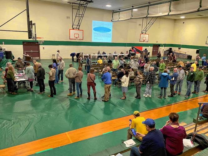 This line was a common sight at Henniker town meeting March 15, 2029: Three items required secret ballot votes instead of the traditional show-of-hands. This line was a common sight at Henniker town meeting March 15, 2029: Three items required secret ballot votes instead of the traditional show-of-hands.