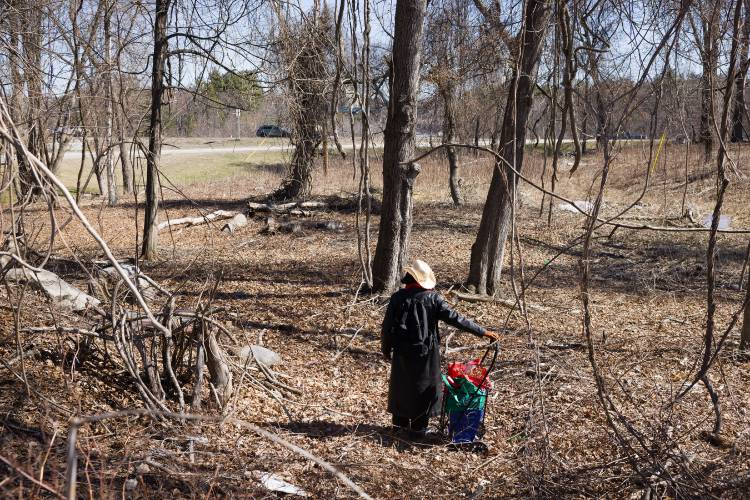 Deborah Eckland walks to the site off off of I-293 where her brother, Glen, was found dead in Manchester.