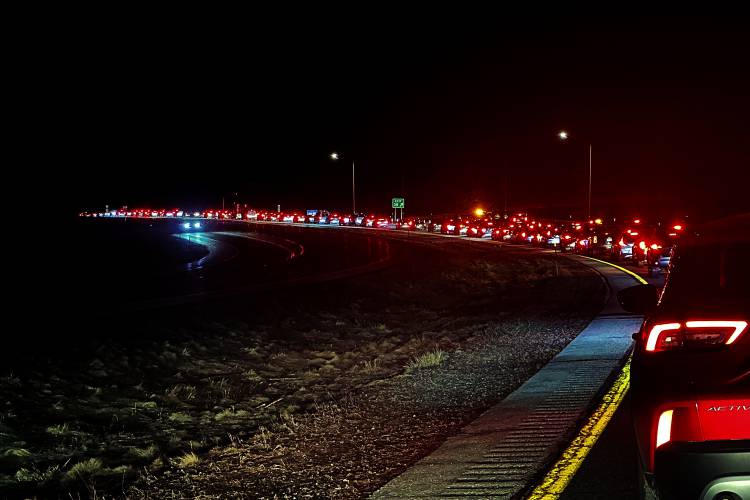 Traffic inches along southbound Interstate 93 near Franconia, N.H., on Monday night, more than eight hours after the solar eclipse. Thousands of people had traveled to a group of rural communities in the state, which were in the path of totality.