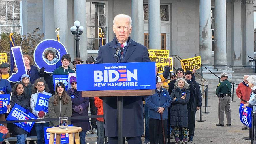 Joe Biden appeared at a rally in Concord after he filed for New Hampshire's First-in-the-Nation Primary in November 2019 .
