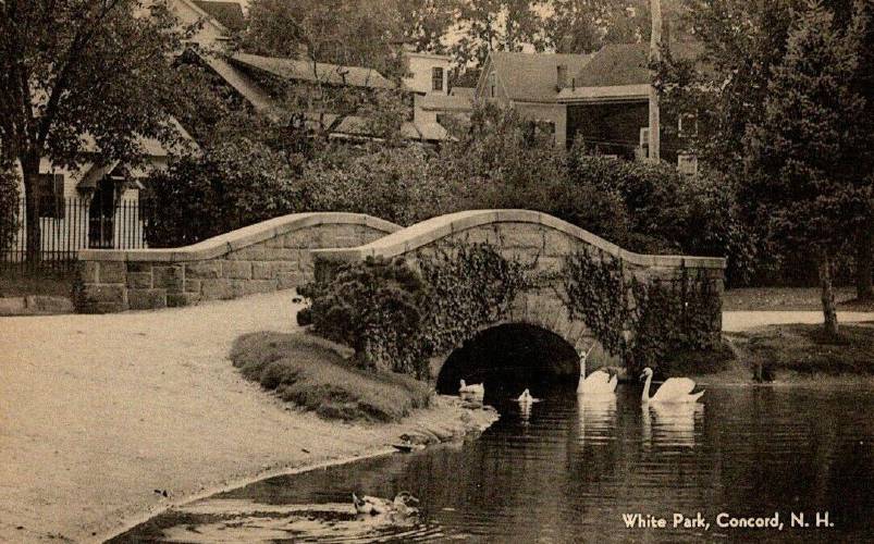 A vintage view of the White Park Bridge with nearby swans.