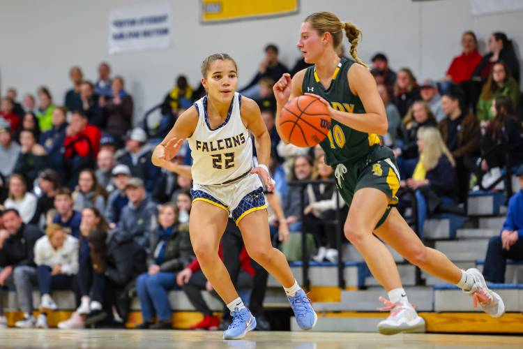 Bow’s Peyton Vaughn (22) defends against Bishop Brady’s Payton Bryson (10) during the season opener at Bow High School on Friday night. Vaughn scored 14 points to lead Bow to a 45-28 victory. Bow’s Peyton Vaughn (22) defends against Bishop Brady’s Payton Bryson (10) during the season opener at Bow High School on Friday night. Vaughn scored 14 points to lead Bow to a 45-28 victory.