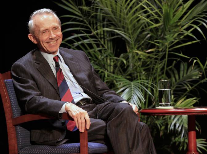 FILE - Retired Supreme Court Justice David Souter smiles during a new lecture series Sept. 14, 2012 in Concord, N.H. (AP Photo/Jim Cole, File)