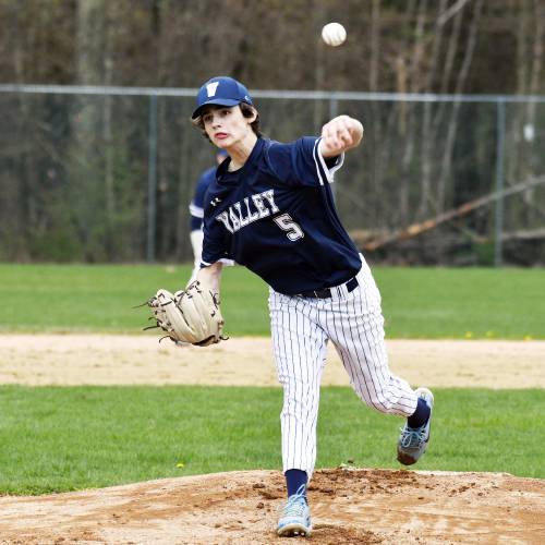 Merrimack Valley pitcher Jonas Weed delivers a pitch during a game against Hanover on Wednesday in Penacook. Weed struck out 12 batters in five innings as the Pride defeated the Bears, 3-1.