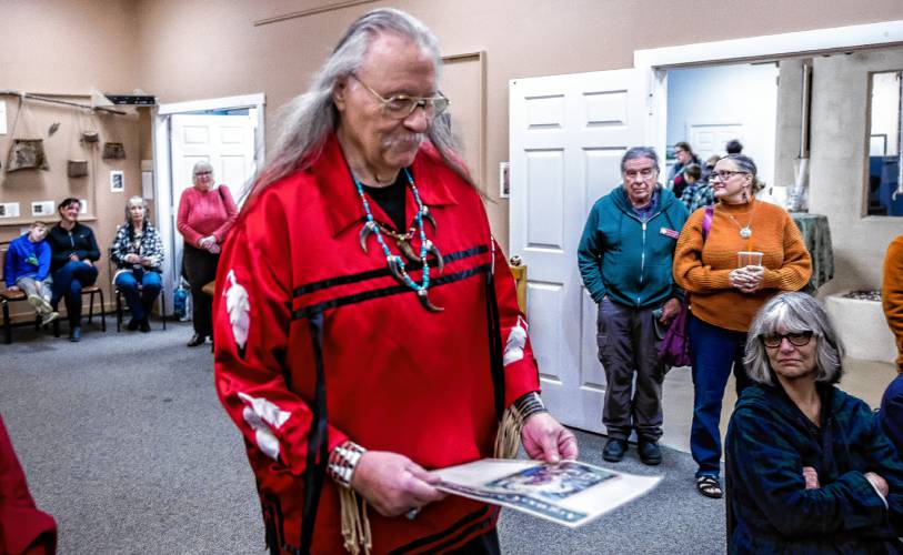 Don Standing Bear Forest walks up to the podium at the Mt. Kearsarge Indian Museum before his opening remarks discussing his book, 