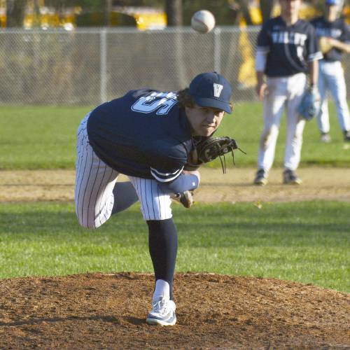 Merrimack Valley pitcher Landon Abbott delivers a pitch during a game against Hanover on Wednesday in Penacook. Abbott pitched two scoreless innings in relief to decide the win, a 3-1 victory for the Pride.