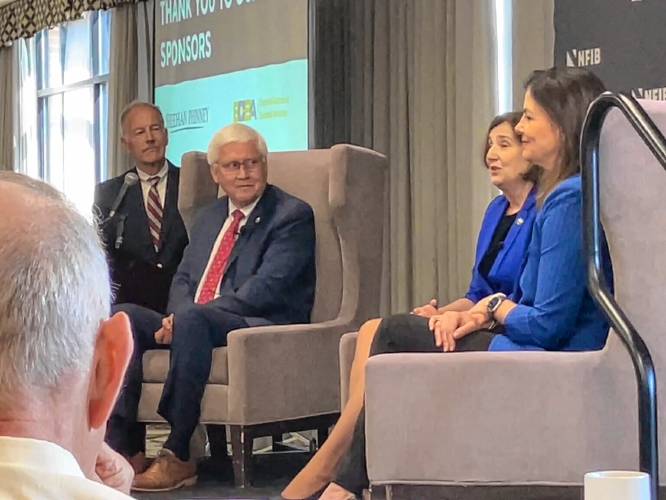 New Hampshire gubernatorial candidates (seated from left) Chuck Morse, a Republican, Cinde Warmington, a Democrat, and Kelly Ayotte, a Republican, at a gubernatorial forum hosted by the National Federation of Independent Business (NFIB), on June 20, 2024. Democrat Joyce Craig did not attend the debate. (Ethan DeWitt | New Hampshire Bulletin) New Hampshire gubernatorial candidates (seated from left) Chuck Morse, a Republican, Cinde Warmington, a Democrat, and Kelly Ayotte, a Republican, at a gubernatorial forum hosted by the National Federation of Independent Business (NFIB), on June 20, 2024. Democrat Joyce Craig did not attend the debate. (Ethan DeWitt | New Hampshire Bulletin)