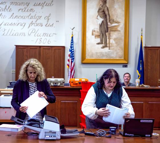 Senior Deputy Secretary of State Patricia Lovejoy (left), along with Assistant Secretary of Stare Jennifer Cote prepare the ballots from Winchester to be fed into the high speed scanner at the State Archives in Concord on Wednesday, September 11, 2024.