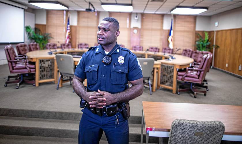Concord Police officer George Tarwo inside the city council chambers on Thursday, June 2, 2022.