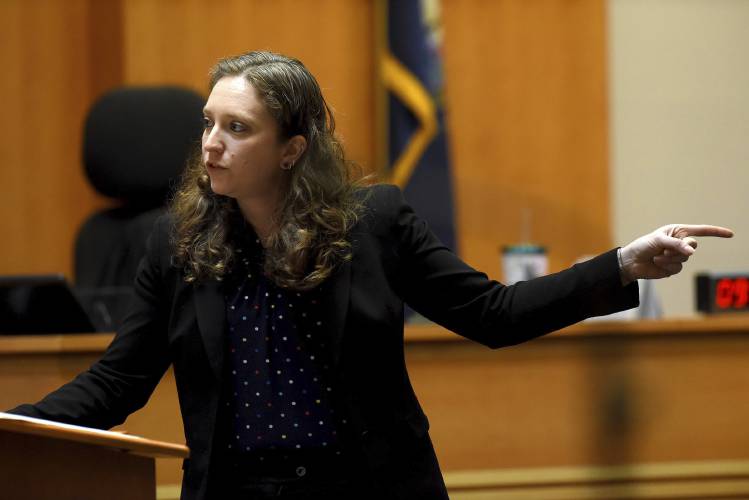 Assistant Attorney General Audriana Mekula gestures while giving the closing argument in the Stephen Murphy trial at Hillsborough County Superior Court in Manchester, N.H., on Tuesday, Jan. 21, 2025. (David Lane/Union Leader via AP, Pool)