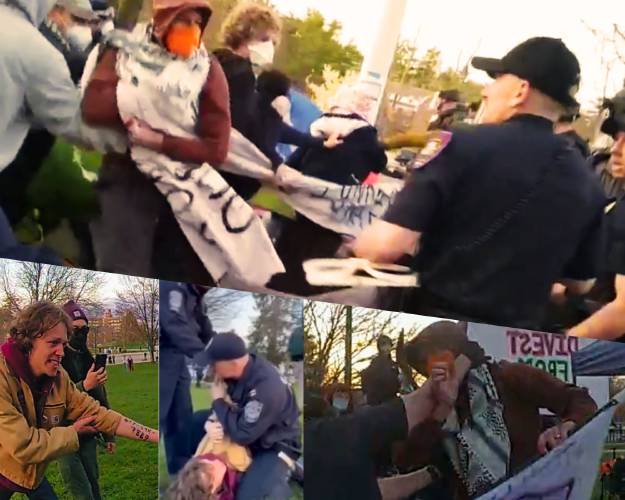 Police accused Aidan Turner (bottom left and center) and Sebastian Rowan (top and bottom right) of assaulting police officers during a pro-Palestine protest at the University of New Hampshire on May 1, 2024.