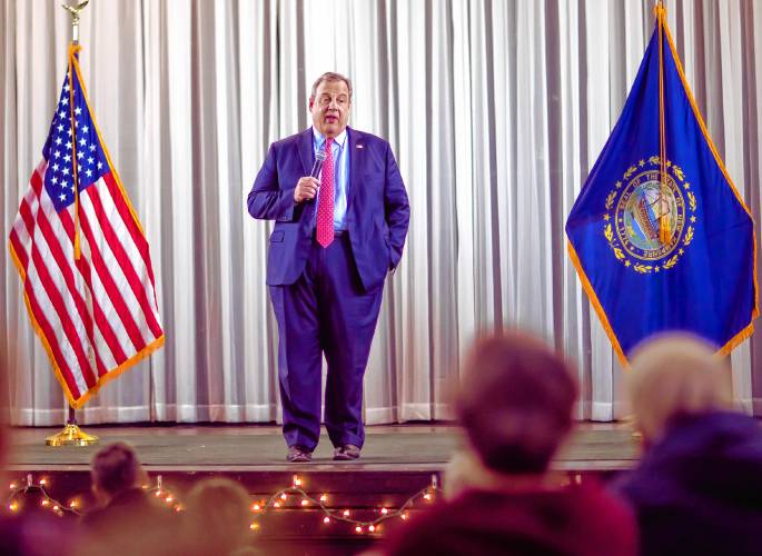Former New Jersey Gov. Chris Christie speaks at the Politics and Pies event at the Phenix Hall in downtown Concord on Friday.