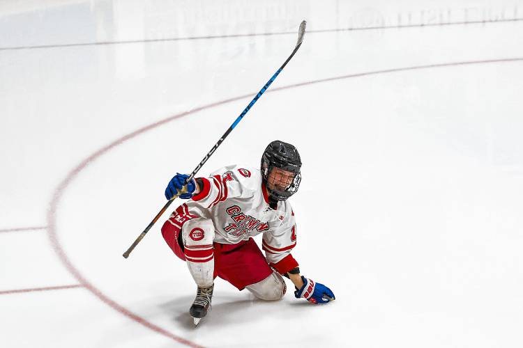 Senior forward Claire Brown (17) takes a shot to score Concord’s first goal of the night against Hanover.