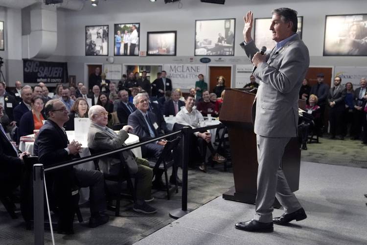 Sen. Joe Manchin, D-W.Va., speaks during the Politics and Eggs event, as part of his national listening tour, Friday, Jan. 12, 2024, in Manchester, N.H. Manchin announced last November that he would not seek reelection in 2024 and has teased a potential third-party run for the presidency. (AP Photo/Charles Krupa)
