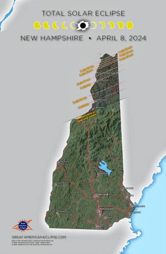 Map of April 8 2024 total solar eclipse through northern NH