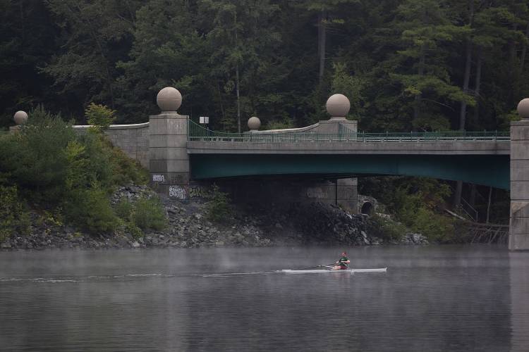 A member of the Dartmouth rowing team glides down the Connecticut River near the Ledyard Bridge in Hanover, N.H., on Thursday, Sept. 12, 2024. The body of Won Jang, a 20-year-old biomedical engineering major from Middletown, Del., was found in the river on July 7 after he went missing following a party the night before held by Beta Alpha Omega fraternity and Alpha Phi sorority. (Valley News - Alex Driehaus) Copyright Valley News. May not be reprinted or used online without permission. Send requests to permission@vnews.com.