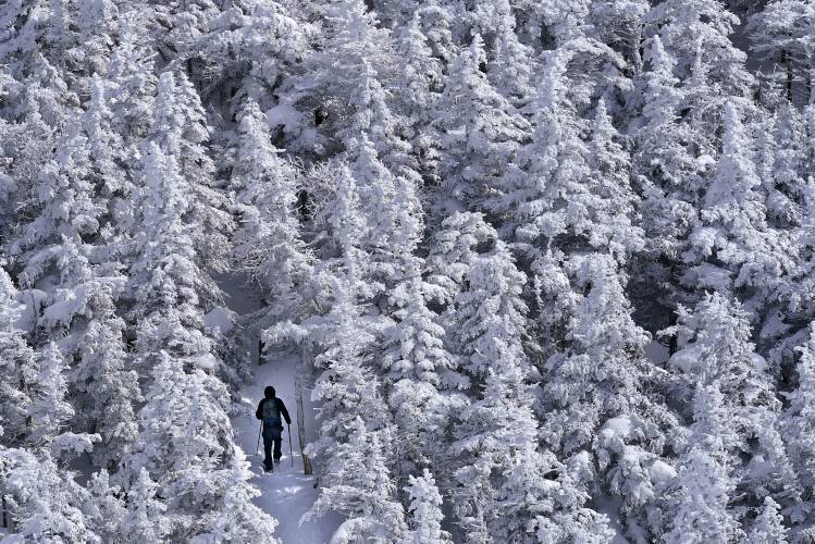 A hiker travels up the Greenleaf Trail amid snow-covered trees on his way to the summit of 5,249-foot Mount Lafayette, Thursday, March 4, 2021, in the White Mountains of New Hampshire. Frigid weather is expected to linger in the much of the Northeast through Saturday. (AP Photo/Robert F. Bukaty) 
