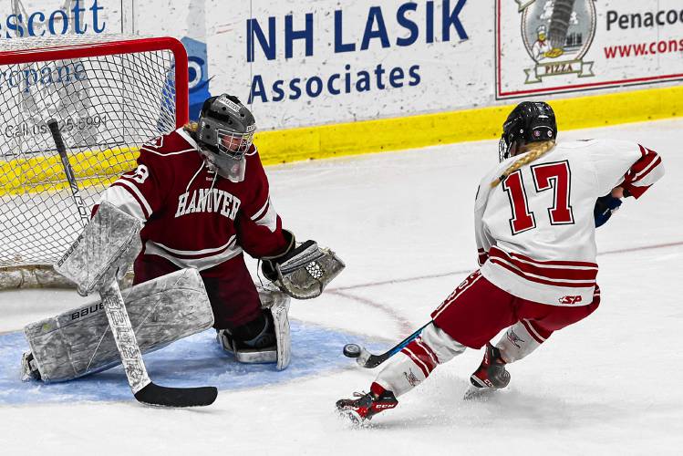 Senior forward Claire Brown (17) scores Concord’s first goal of the night against Hanover.