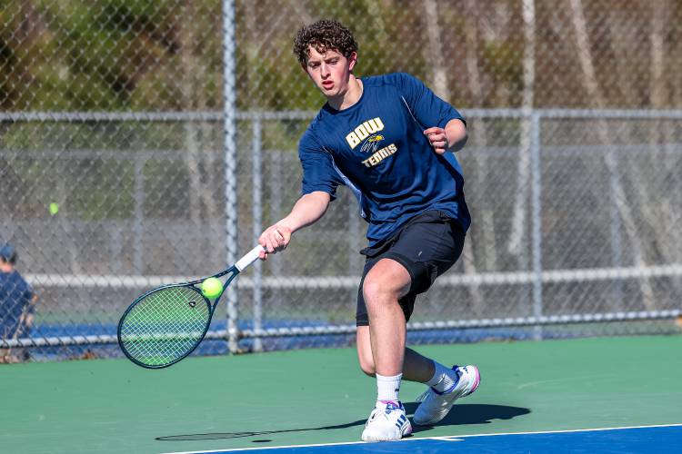 Bow’s Ben Rondeau returns a shot during a match against Winnacunnet at Bow High School on Wednesday. Winnacunnet defeated Bow, 7-2. Bow’s Ben Rondeau returns a shot during a match against Winnacunnet at Bow High School on Wednesday. Winnacunnet defeated Bow, 7-2.