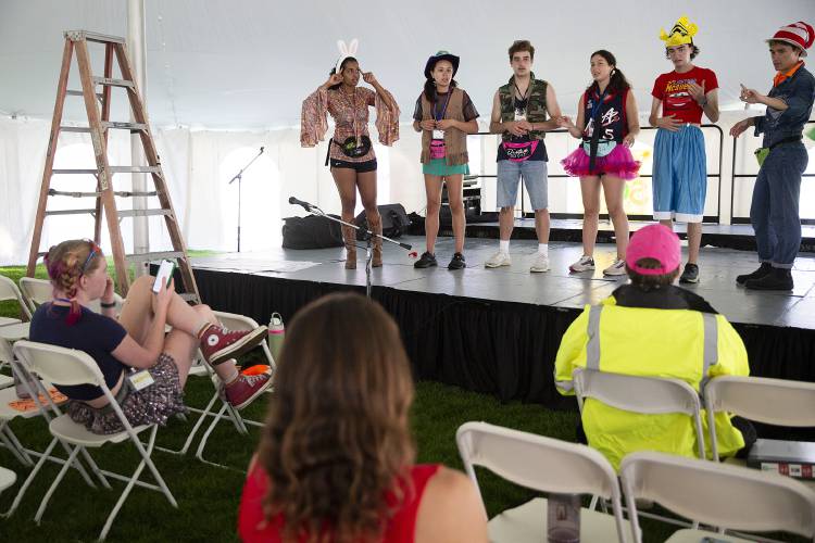 Left: “H-Croo” members rehearse a dance they plan to perform for First-Year Trips attendees. 