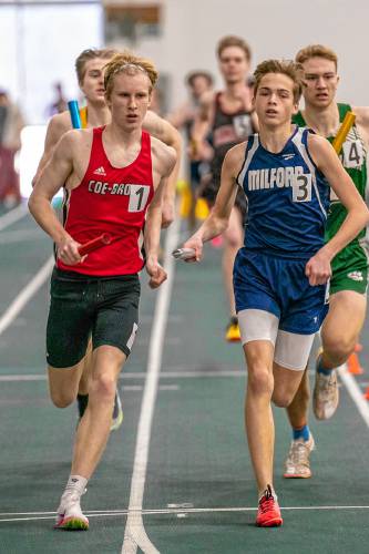 Coe-Brown’s Luc Kerouac runs the leadoff leg of the 4x800-meter relay at last season’s NHIAA Division II indoor track and field championships on Feb. 11 at Plymouth State University. The Bears finished fourth in 4x800 to earn points towards their overall team title. The Coe-Brown boys have won the last two D-II team titles, but Kerouac is of the few state meet competitors returning this season.