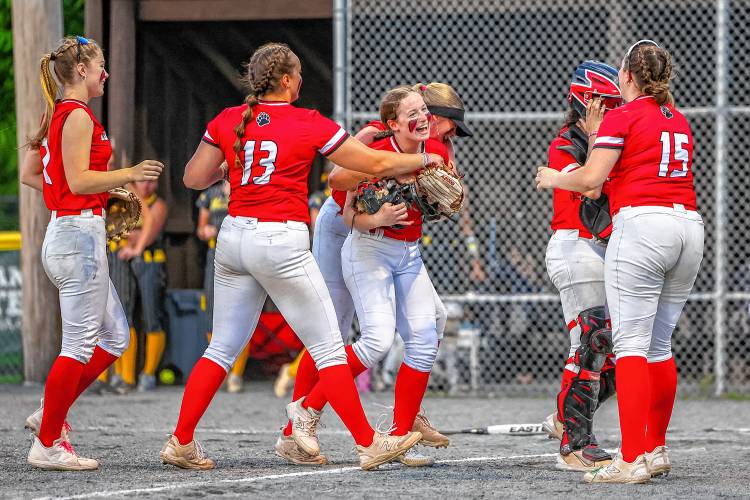 Coe-Brown celebrates around sophomore pitcher Kylie Bienek after the sophomore pitched a no-hitter in the Division II softball semifinal at Plymouth State on Tuesday, June 4, 2024.