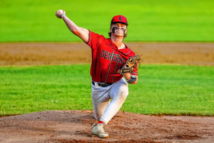 RIGHT: Chase Philibotte delivers a pitch for John Stark during the D-II semifinal against Bow. 