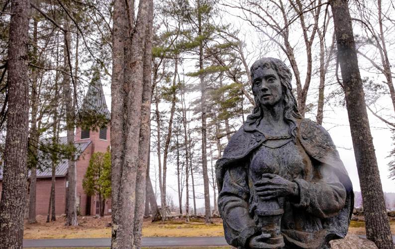 A statue of Mary outside the Our Lady of Queen of Apostles Chapel on the campus of   Magdalen College in Warner on Wednesday, April 24, 2024.