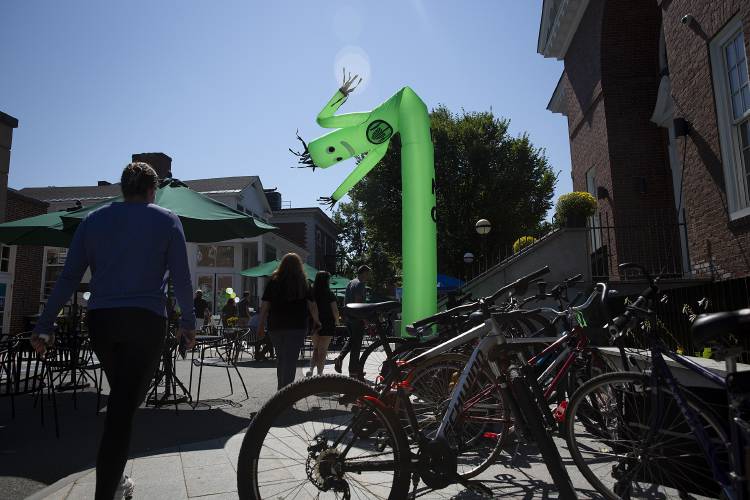 A dancing inflatable tube man welcomes students to the Class of 1953 Commons dining hall during move in at Dartmouth College in Hanover, N.H., on Wednesday, Sept. 4, 2024. (Valley News - Alex Driehaus) Copyright Valley News. May not be reprinted or used online without permission. Send requests to permission@vnews.com.
