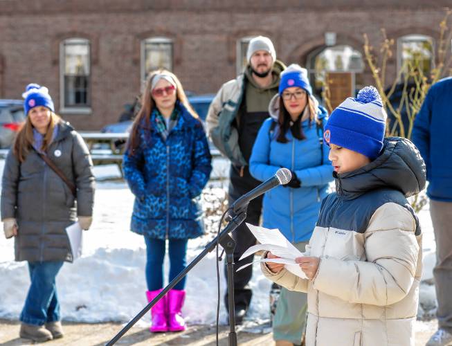 Kearsarge student Hunter Gebo addresses the crowd at the State House gathered on Tuesday to advocate against state cuts to special education funding. Gebo talked about growing up with special education, everything from speech therapy to sign language to help from paraprofessionals.