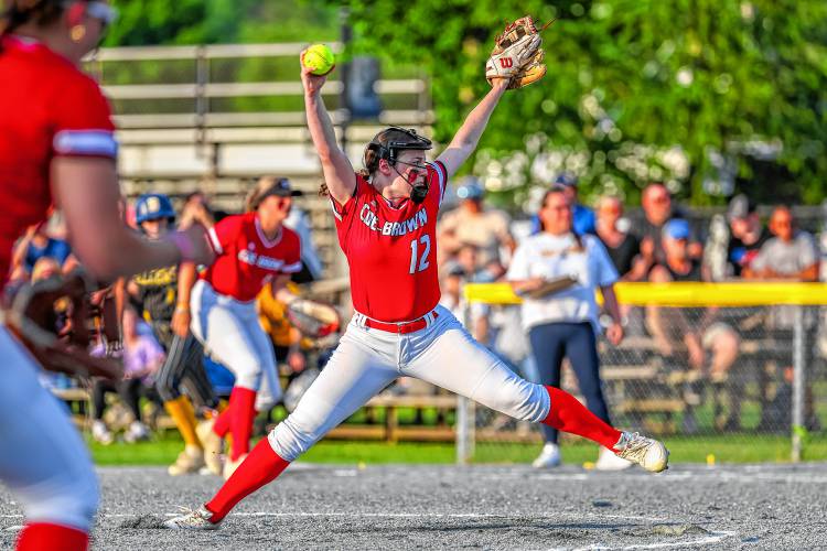Coe-Brown pitcher Kylie Bieniek delivers a pitch during the Division II softball semifinal against Bow on Tuesday, June 4, 2024. Bieniek pitched a no-hitter and struck out 12 in the Bears' 4-0 win.