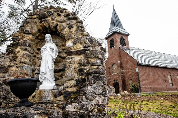 A statue of Mary outside the Our Lady of Queen of Apostles Chapel on the campus of   Magdalen College in Warner in April, just ahead of its official closing.