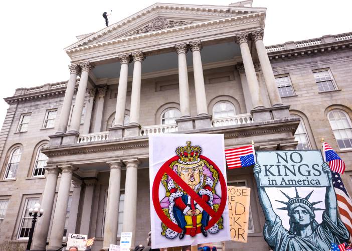 The protests at the New Hampshire State House keep getting larger every Saturday. Besides the entire plaza being full of protesters, Main Street had people on both sides of the streets from Park Street to School Street on Saturday, April 19, 2025.