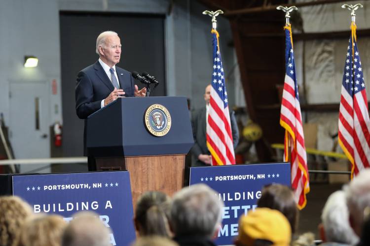 President Joe Biden delivers remarks on the bipartisan infrastructure law on April 19, 2022, in Portsmouth, New Hampshire. (Scott Eisen/Getty Images/TNS)