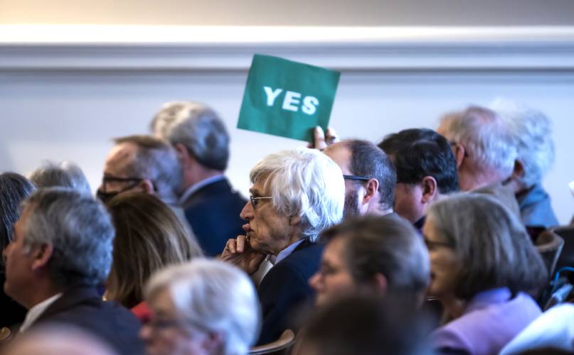 New Hampshire Rep. Art Ellison from Concord (center)  listens to the discussion of one of the amendments to HB 2 on Thursday morning, April 6, 2023.