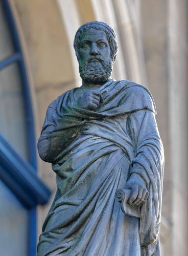 Statue of ancient Greek poet Sophocles is pictured on the opera of Hanover, northern Germany.