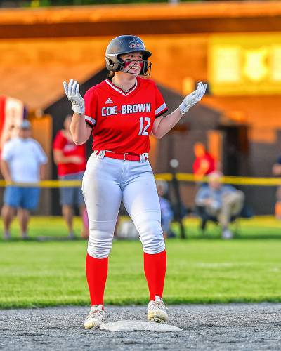 Kylie Bieniek shrugs her shoulders after her two-run double gave Coe-Brown a 3-0 lead over Bow in the Division II semifinal on Tuesday, June 4, 2024. Bieniek also pitched a no-hitter in the Bears' 4-0 victory.