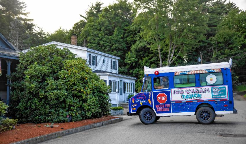  Adam Gelinas turns their van around in the neighborhood near where they live in Allenstown on Thursday evening, August 22, 2024. The whole family was there to help sell ice cream to the area.