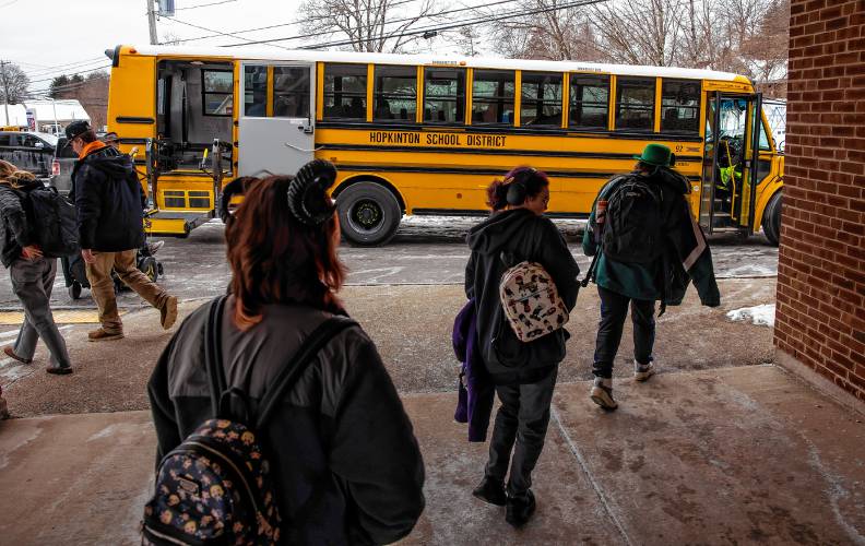 Concord Regional Technical Center students arrive and prepare to leave for Hopkinton on Thursday, February 20, 2025. At 11:15, the bus comes with students for the second session as the students from the first class session let out.