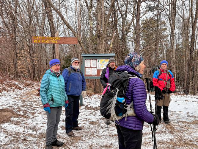 The Concord Trails Subcommittee hosts free group hikes once a month. On Saturday, Jan. 18, 2025, over 30 people hiked together at the Boscawen Town Forest. Wendy Olson (purple) gave a brief speech before the hike kicked off.