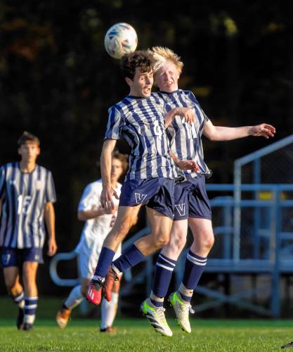 Merrimack Valley players Brady Turgeon (4) and Rutger Gillian both go up for a header during the second half against Plymouth on Tuesday, October 24, 2023.
