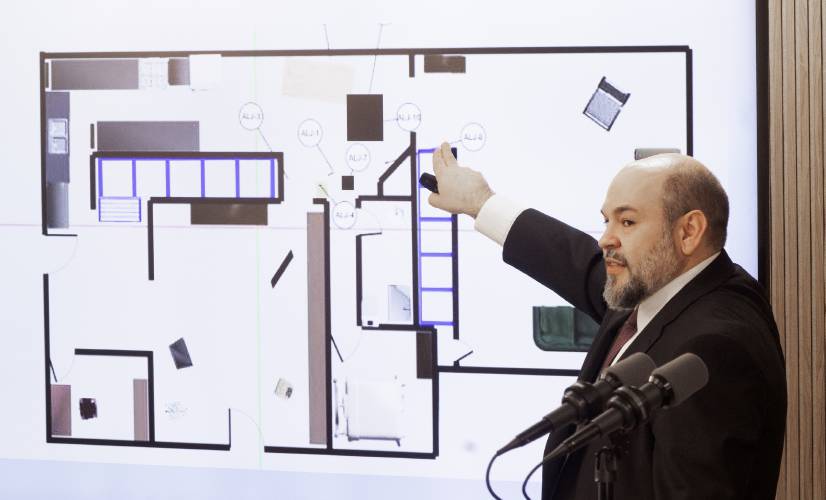 Senior Assistant Attorney General Benjamin Agati shows the layout of the area of the officers involved in the fatal shooting of Misha Fay on Jan. 1, 2023, in Gilford.