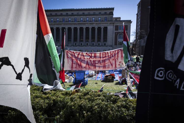 A sign that reads Gaza Solidarity Encampment is seen during the Pro-Palestinians protest at the Columbia University campus on April 22.