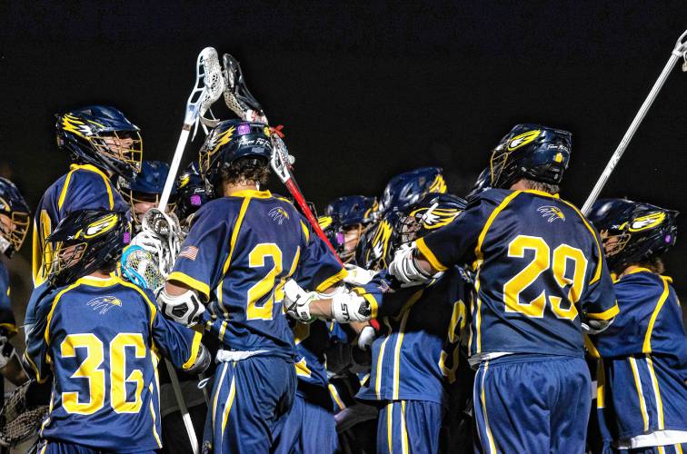 Bow players celebrated after beating Pelham in the Div. III lacrosse semifinals at the Bank of NH Stadium on Wednesday night, June 5, 2024.