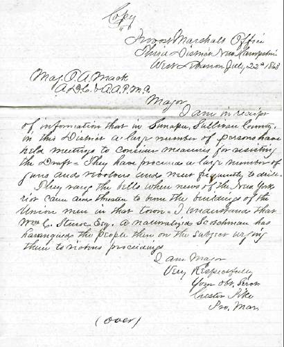 A July 22, 1863, letter discussing planned draft resistance in Sunapee, NH. A July 22, 1863, letter discussing planned draft resistance in Sunapee, NH.