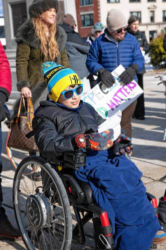 Broken Ground student Bodhi Bhattarai gets ready to adresss the crowd at the State House gathered on Tuesday to advocate against state cuts to special education funding.