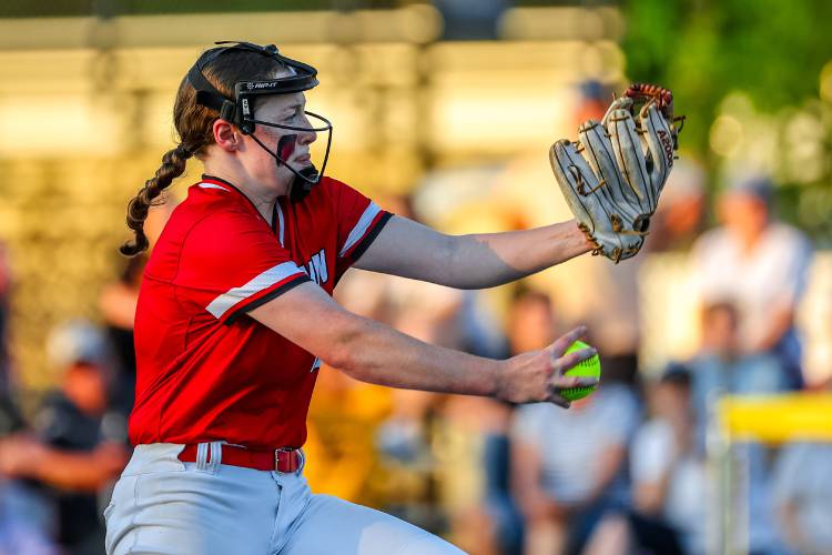 Coe-Brown’s Kylie Bieniek throws a no-hitter in the D-II semifinals against Bow last season. Bieniek was voted D-II’s Player of the Year as a sophomore and is back to lead CBNA again this season..