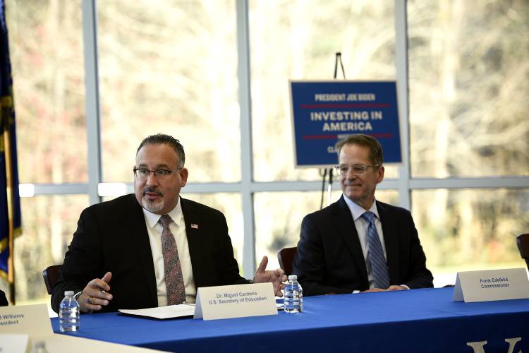 U.S. Secretary of Education Miguel Cardona and New Hampshire Education Commissioner Frank Edelblut participate in a roundtable discussion at the River Valley Community College in Claremont on Friday. The visit to the college was part of the Biden-Harris Administration’s Investing in Rural America agenda. 