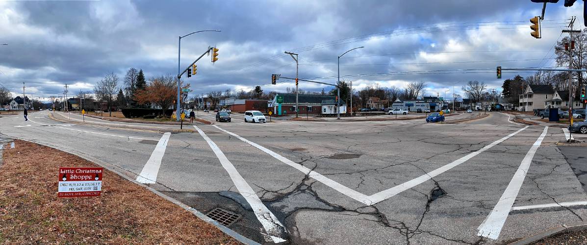 The Concord intersection of Broadway with Clinton and South streets at McKee Square (seen looking west) would become a roundabout under the state’s proposed 10-year transportation plan.