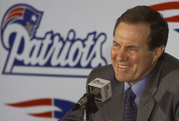 FILE - New England Patriots head coach Bill Belichick addresses questions about the upcoming NFL draft during a news conference at Foxboro Stadium in Foxborough, Mass., Wednesday, April 12, 2000. Six-time NFL champion Bill Belichick has agreed to part ways as the coach of the New England Patriots on Thursday, Jan. 11, 2024, bringing an end to his 24-year tenure as the architect of the most decorated dynasty of the league’s Super Bowl era, a source told the Associated Press on the...